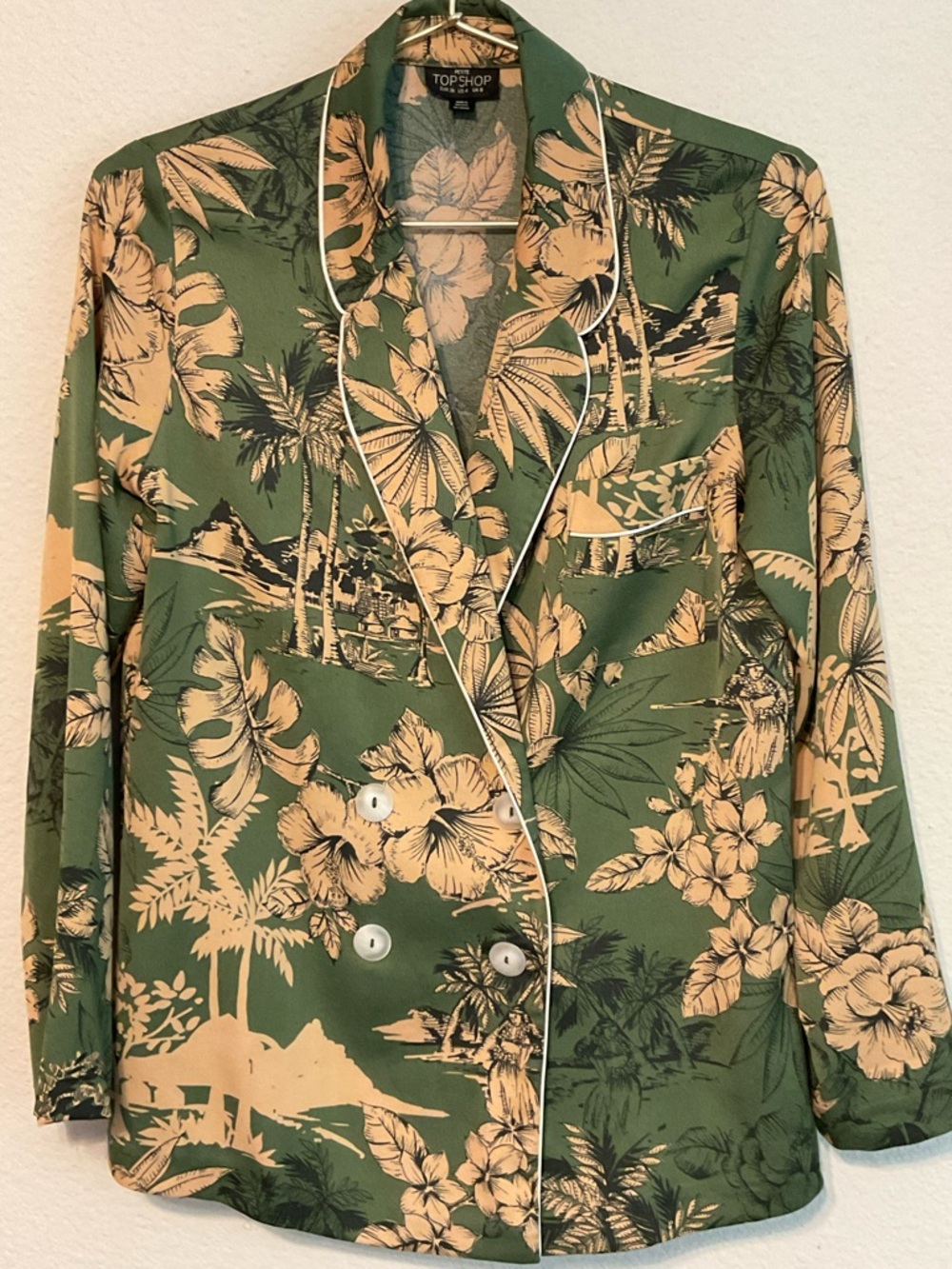 Topshop Olive Green Floral Double-Breasted Jacket Size 4